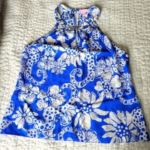 Lilly Pullitzer Silk Women's Blue & White Floral Large tank top w/ gold collar